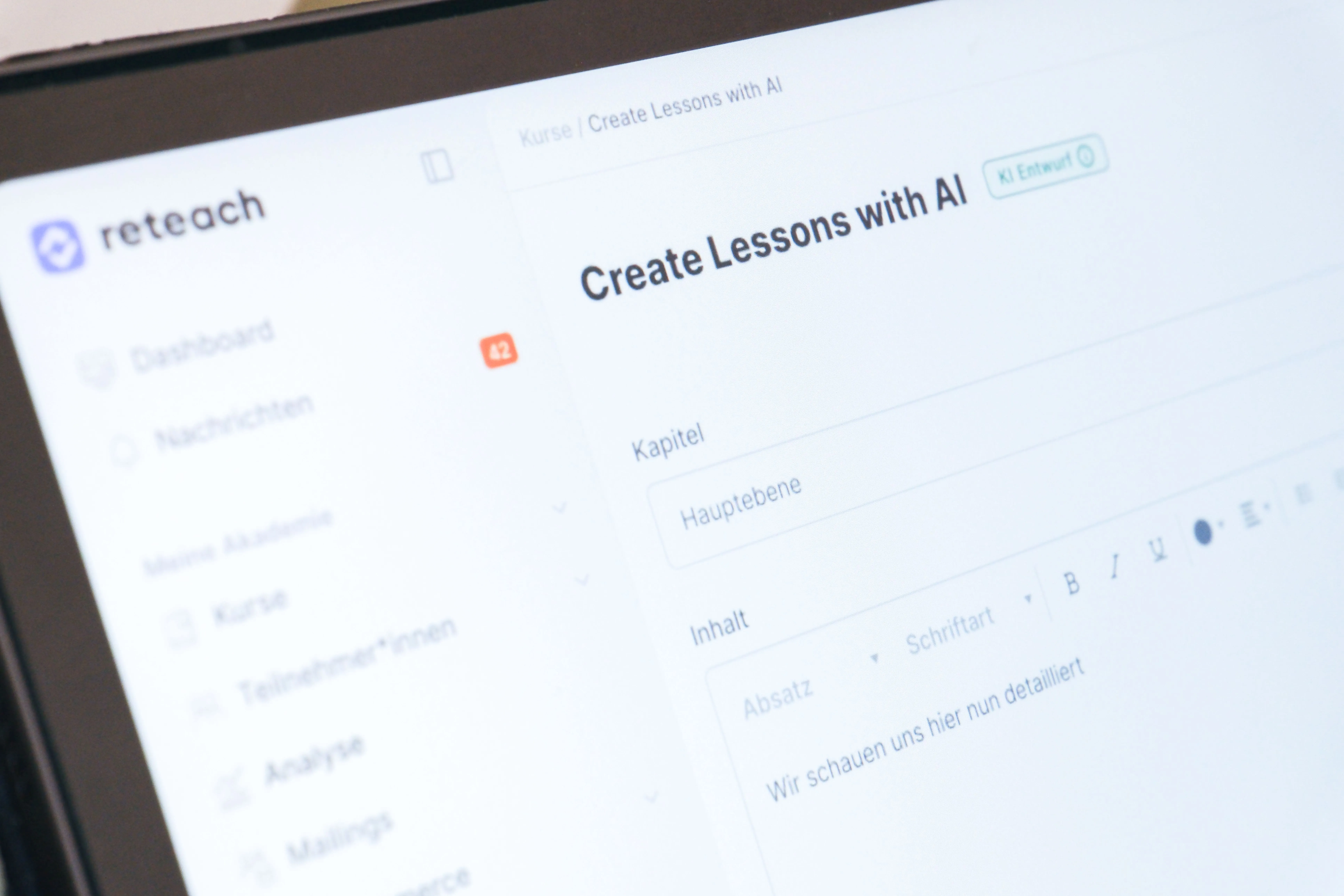 AI-assisted lesson editor showing review tag and editable draft content