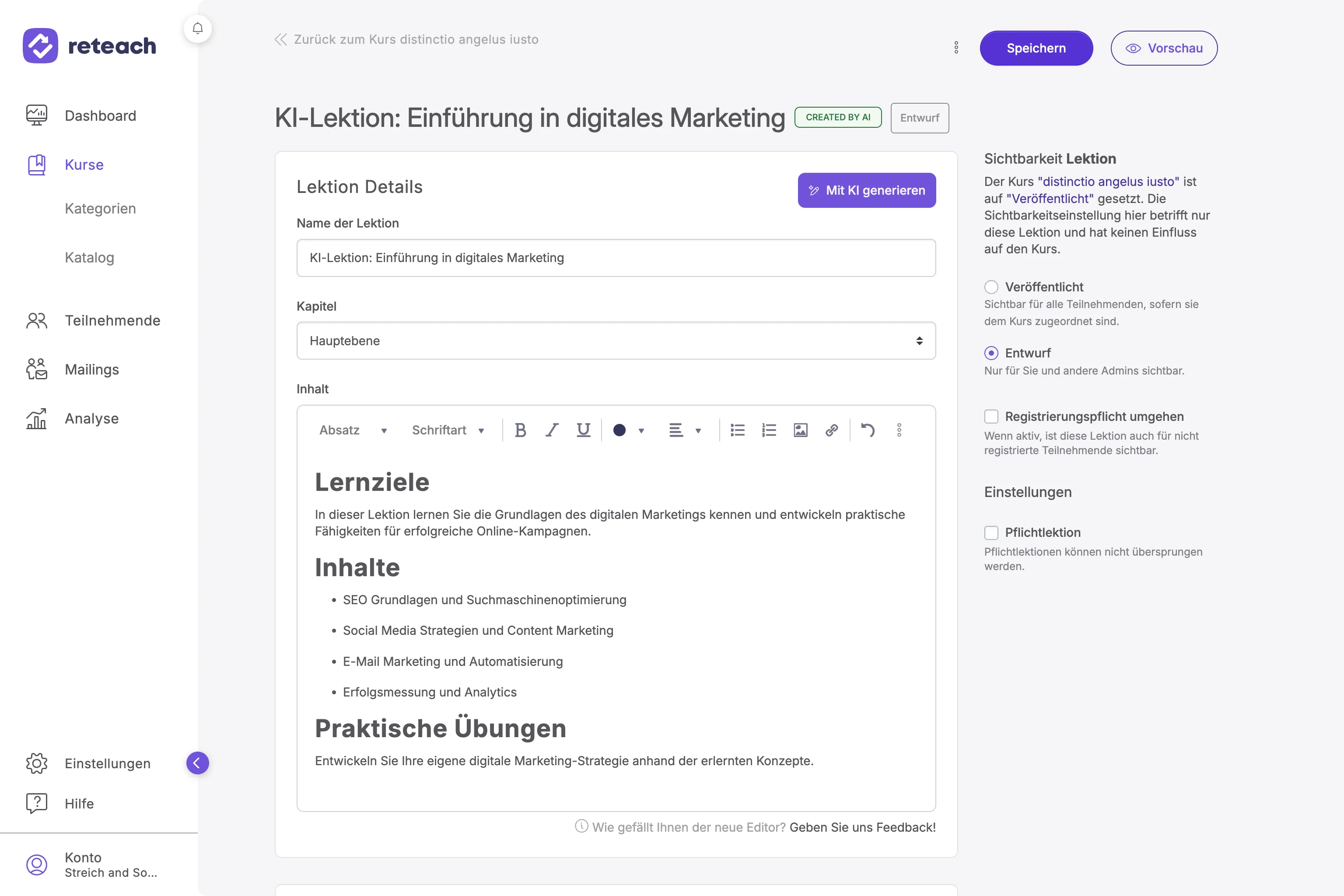AI-generated lesson in the editor with review tag